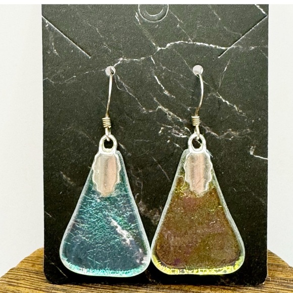 Iridescent recycled glass triangular sterling silver dangle earrings whimsical - Picture 5 of 11